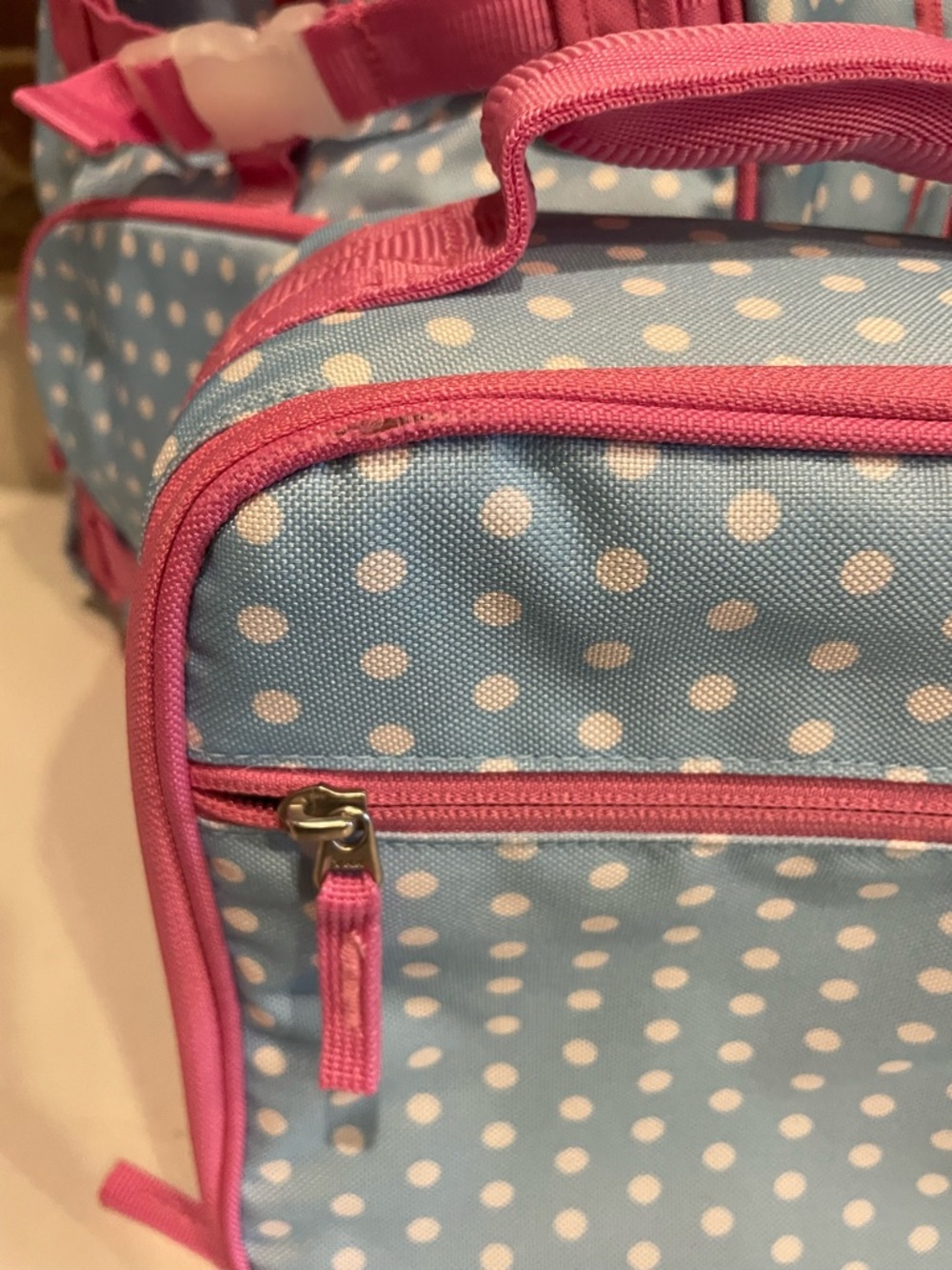 Pottery Barn Kids Blue Polka Dot Backpack & Lunch Bag with Pink Trim - Picture 5 of 10